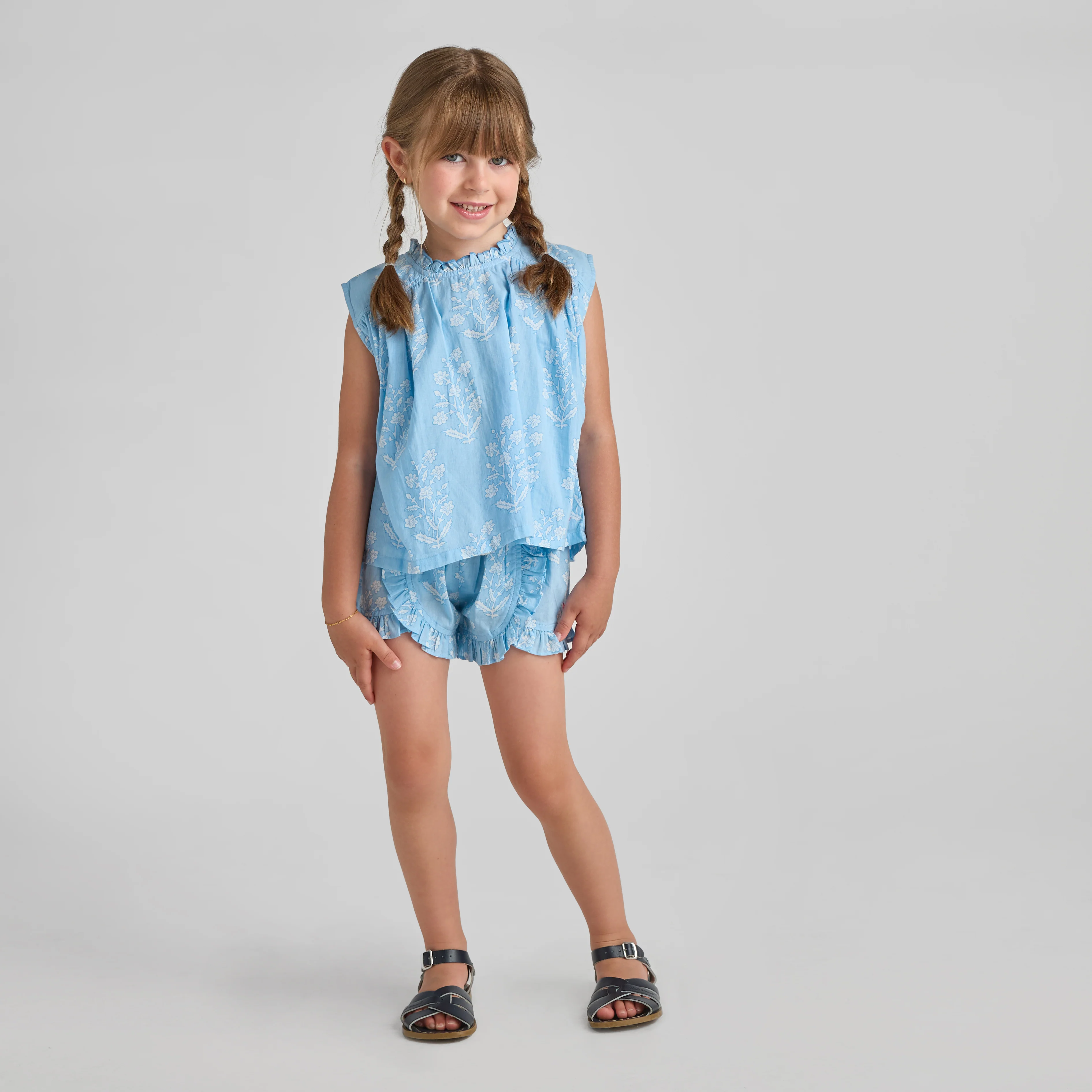 Girls Millie Ruffle Short - Blue Dewdrop Block Print - Image 4