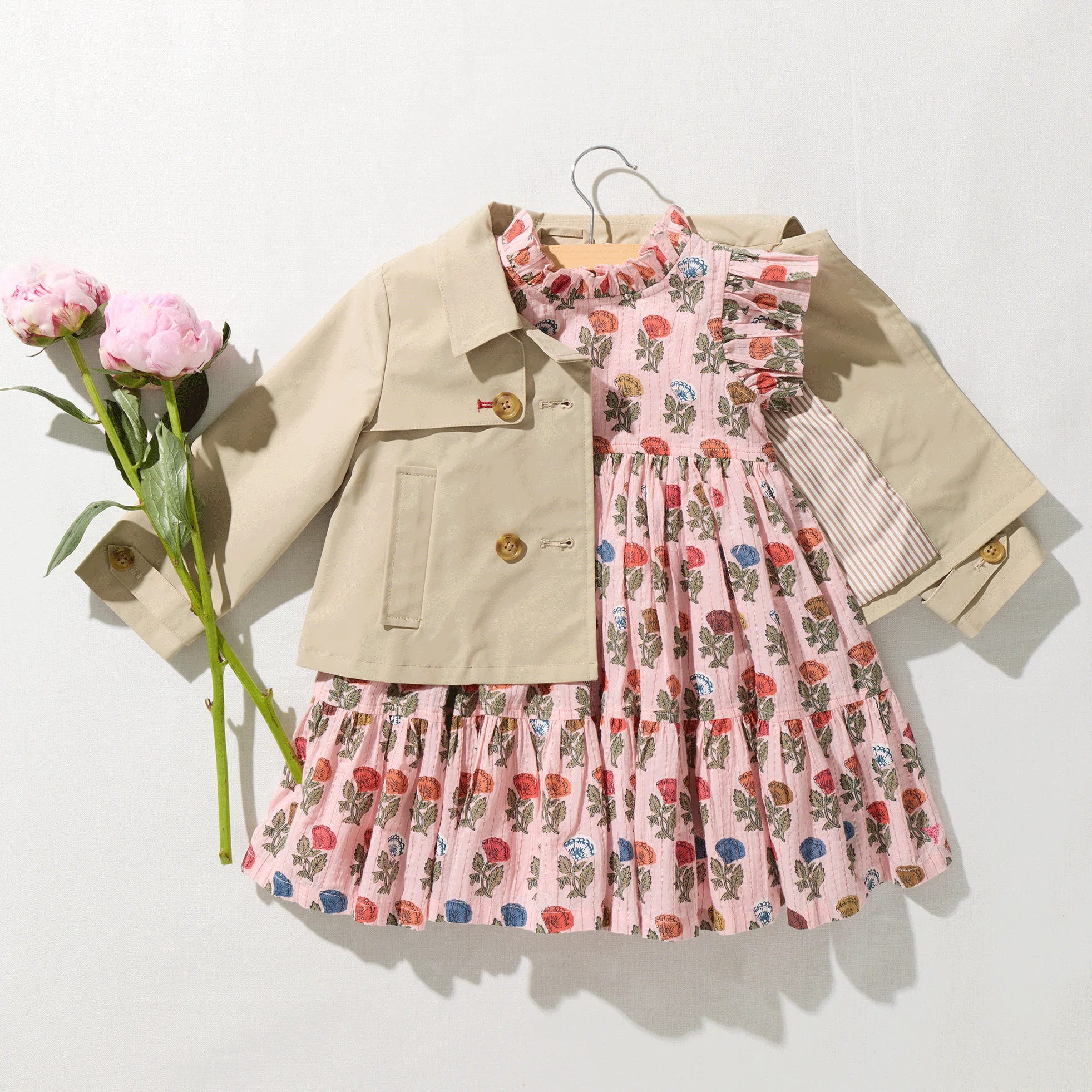 Girls Ramie Crop Trench - Strawberry Embroidery - Image 4