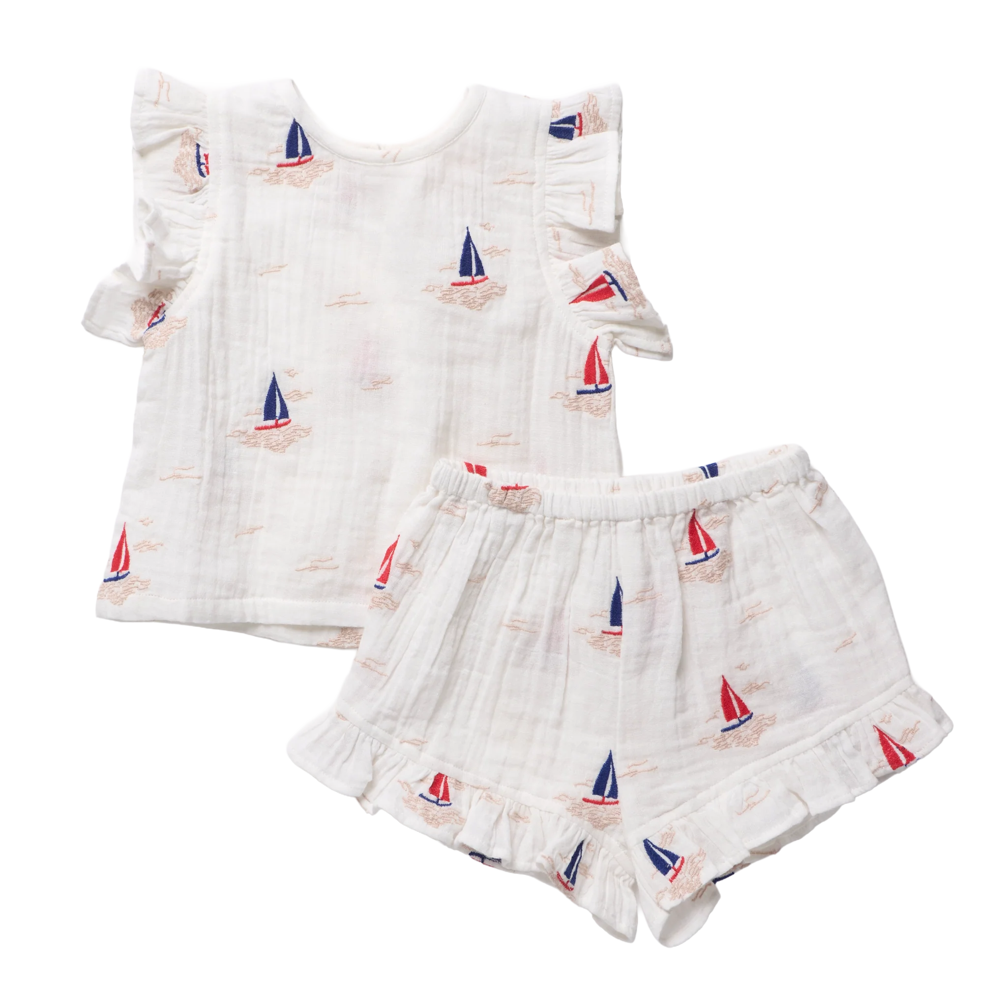 Girls Roey 2-PC Set - Sailboat Embroidery