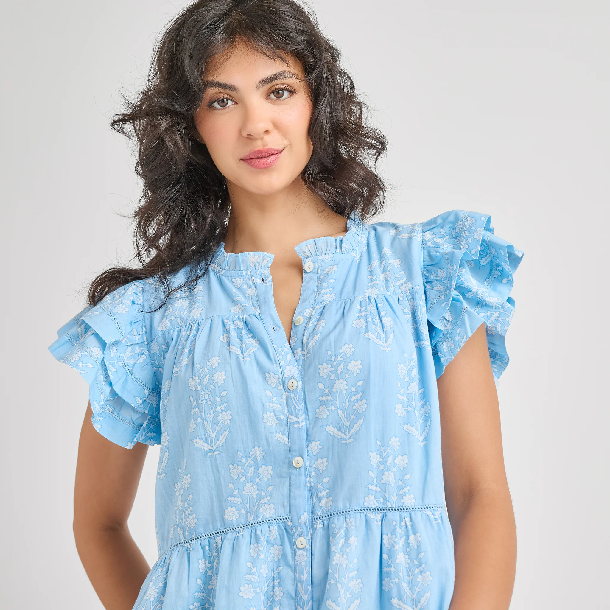 Womens Kalani Ruffle Dress - Blue Dewdrop Block Print - Image 3