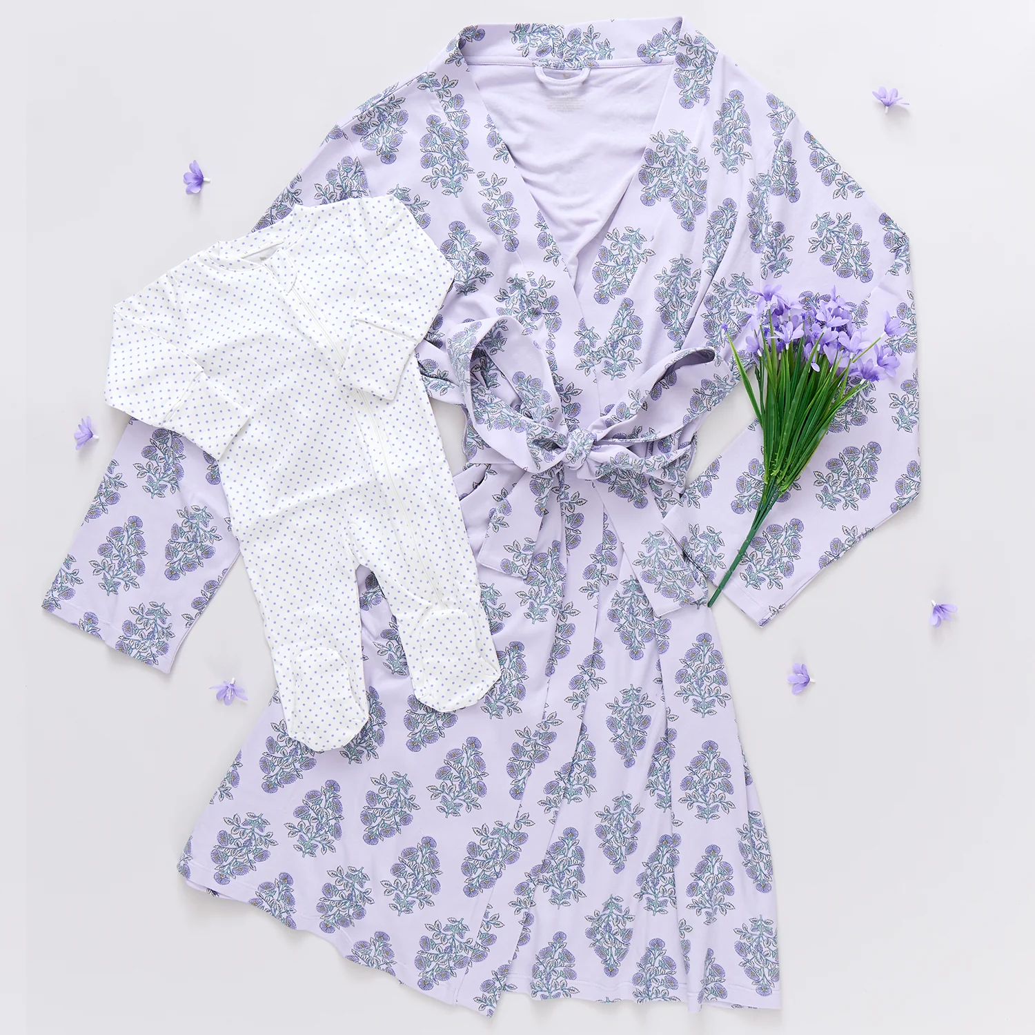 Womens Organic Robe - Lavender Bouquet Floral Blockprint - Image 4