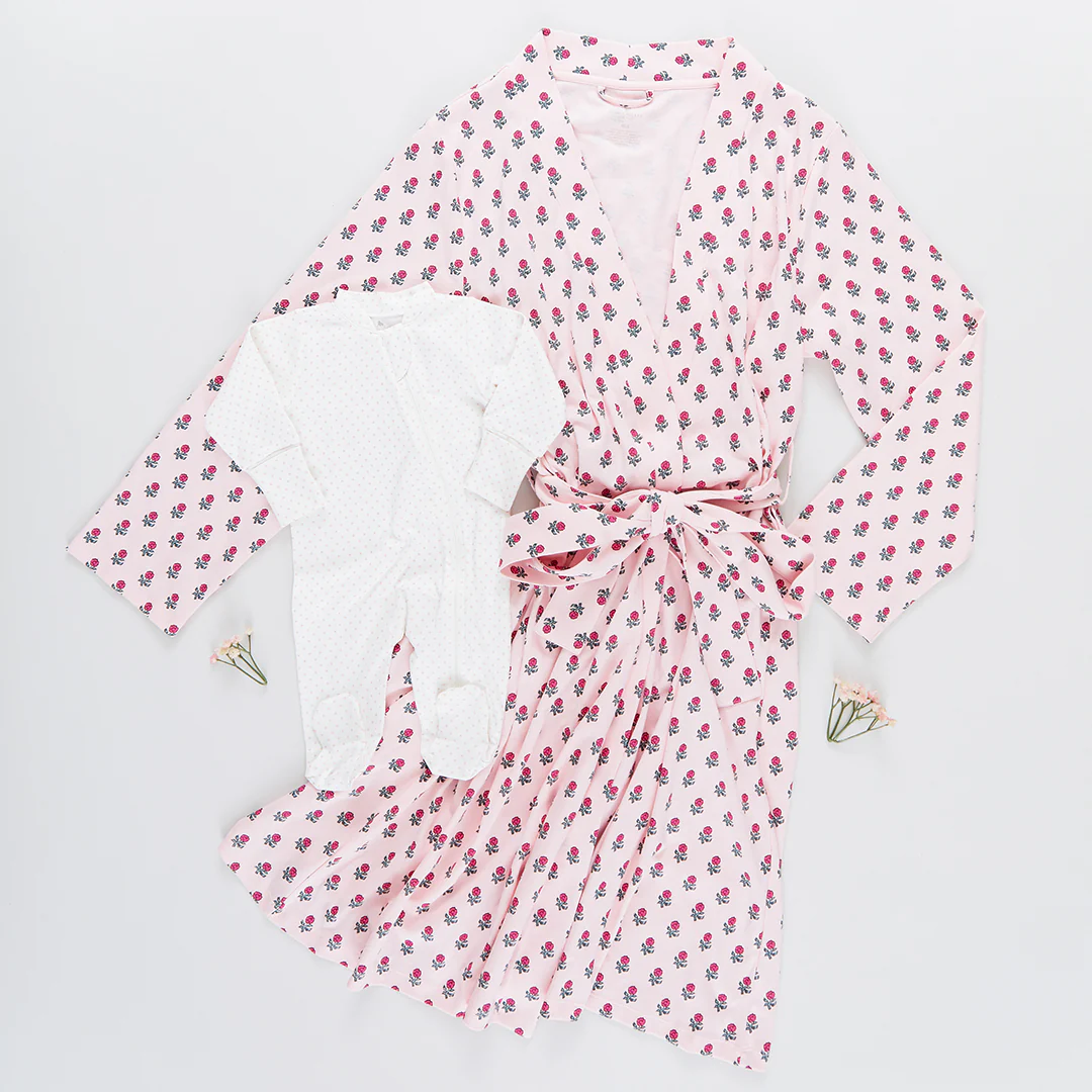 Womens Organic Robe - Pink Tiny Flower Block Print - Image 3